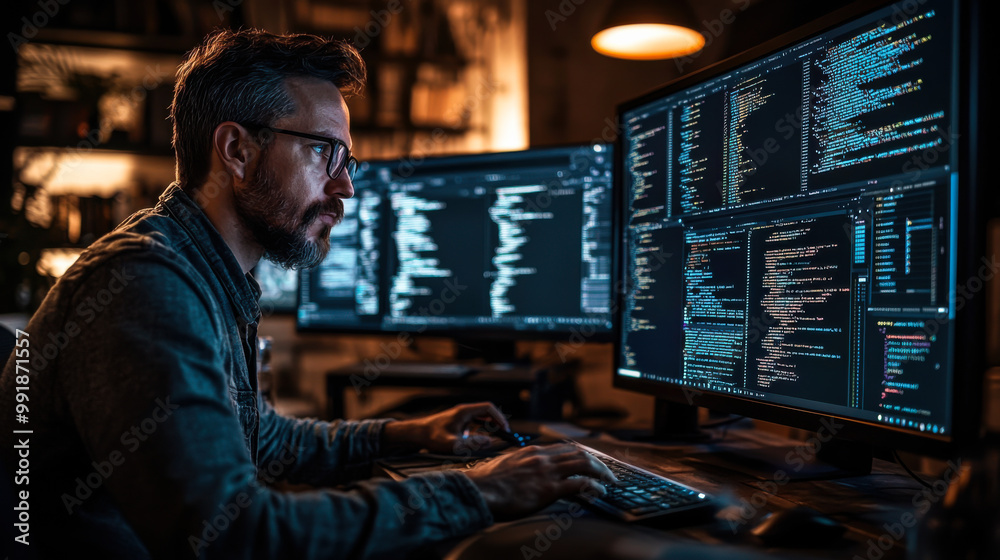 Poster a programmer working late at night in a dimly lit room filled with computer screens displaying code
