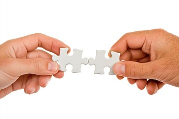 Two hands connecting puzzle pieces on white background