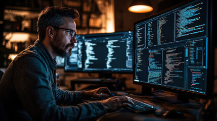 A programmer working late at night in a dimly lit room filled with computer screens displaying code