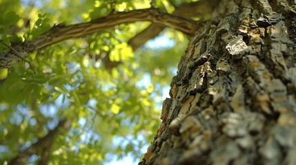 tree trunk with green leaves