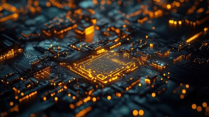 hyperdetailed closeup of an advanced ai processor intricate circuitry glows with bioluminescent energy creating a mesmerizing landscape of technology and organic forms