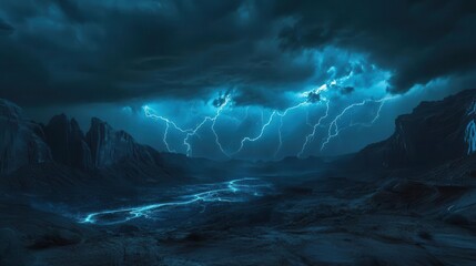 Fototapeta premium intense electric storm illuminating a desolate landscape jagged bolts of lightning piercing inky darkness ethereal blue glow casting eerie shadows across rugged terrain