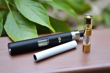 Modern vape pen and cartridge with leaf background