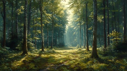 Obraz premium A sunlit path through a dense, green forest with tall trees and lush undergrowth.
