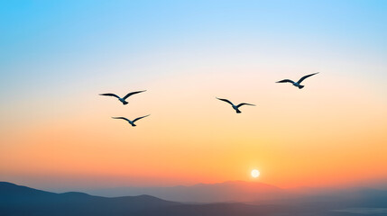 Fototapeta premium Silhouettes of seagulls flying at sunrise over serene landscape, peaceful dawn, freedom, tranquility, calm nature scene, birds in flight, morning sky, scenic view, inspirational, harmony