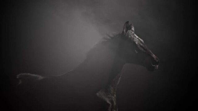 Slow motion medium tracking shot of a dark horse running in the misty night on a black background. Shot in Slovenia.

