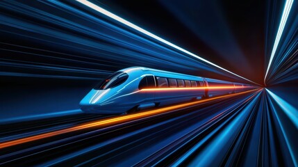 Futuristic high-speed train traveling through illuminated tunnel at night.