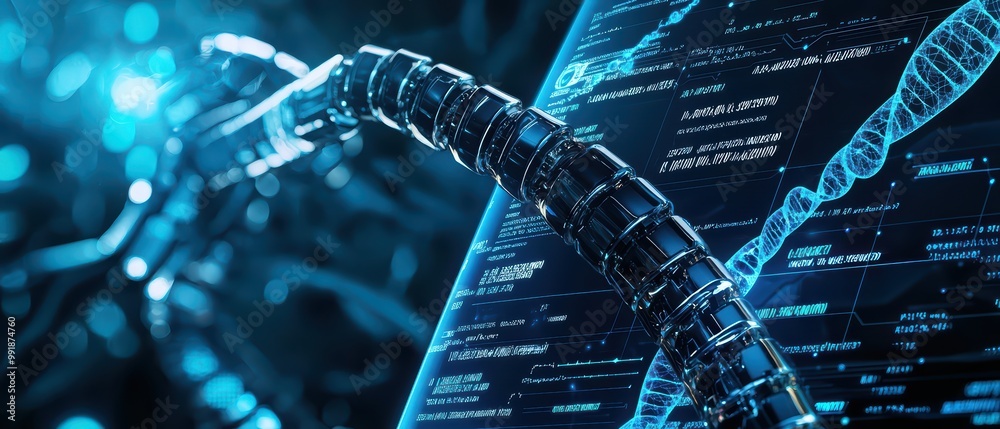 Poster futuristic technology with robotic arm and digital interface displaying data and information.