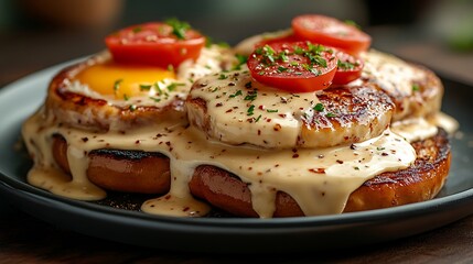 Closeup of a savory breakfast dish with fried eggs, grilled bread, and a creamy sauce, topped with cherry tomatoes and fresh parsley.