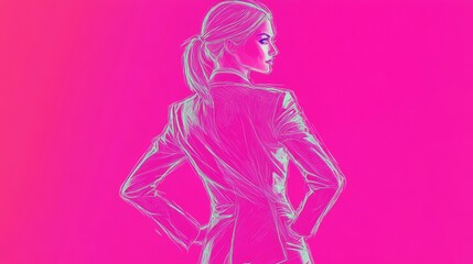 A confident businesswoman stands with her back to the viewer, exuding strength and determination,  represented by a single line pencil sketch against a vibrant pink background.
