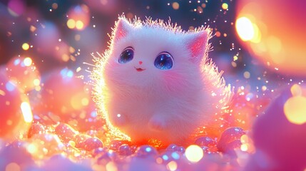 Adorable Kawaii Japanese Mythical Creature Playing Among Twinkling Stars in a Ray Traced Night Sky