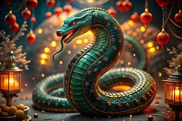 Chinese horoscope. Happy New Year 2025. The symbol of the year is a green snake on a background of red Chinese lanterns. A poster or banner for a party and New Year's Eve.