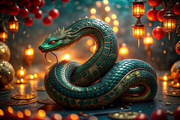 Obraz premium Chinese horoscope. Happy New Year 2025. The symbol of the year is a green snake on a background of red Chinese lanterns. A poster or banner for a party and New Year's Eve.