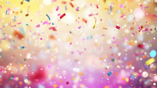 joyous celebration scene with swirling multicolored confetti blurred background suggesting movement and excitement soft focus creating a dreamy festive atmosphere