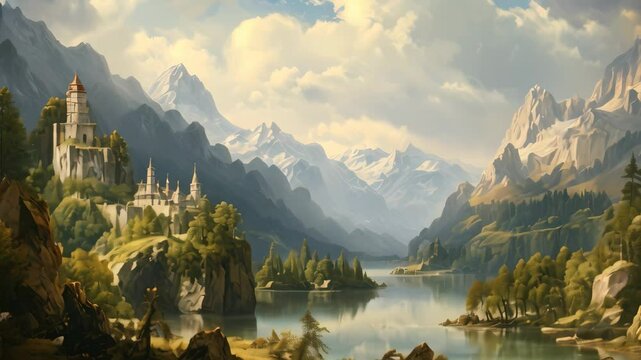 A stunning painting of a castle surrounded by the calm waters of a serene lake, Renaissance-era painting depicting a tranquil natural landscape with majestic mountains