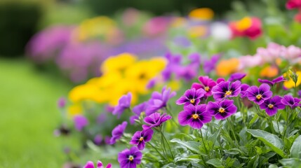 Fototapeta premium Vibrant garden blooms with purple and yellow flowers in a sunny outdoor setting during spring