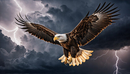 Obraz premium Grand aigle marron vol bec jaune vol ciel orage tonnerre éclair gris.
