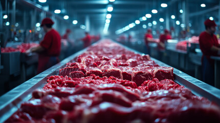 Workers processing meat in a busy processing facility during early morning hours with strict hygiene practices in place