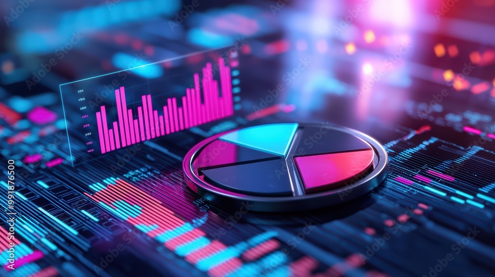 Poster modern digital data visualization with colorful graphs and pie chart in a futuristic setting.