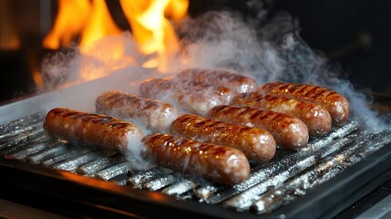 labgrown gourmet sausages sizzle on an antigravity grill molecular gastronomy techniques create impossible flavors nanobots ensure perfect doneness while holographic flames dance for ambiance