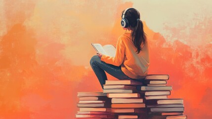 a girl sits on books, illustration, a girl sits on books and listens to music, a student listens to music while sitting on books 