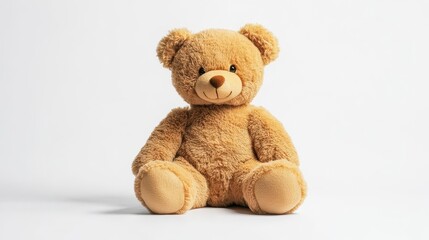 lifelike brown teddy bear with soft fur texture sitting upright against pure white background warm lighting enhancing cuddly features slight head tilt