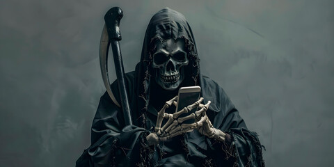 Muerte esperando mientras mira su celular