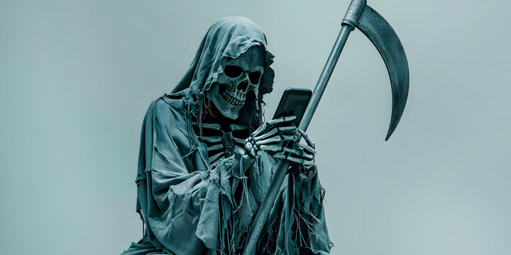 Muerte con capucha en un fondo gris mirando su tel&eacute;fono inteligente impaciente 