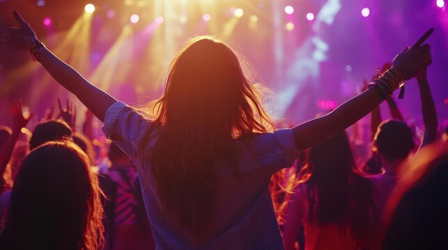 lively music festival scene with a diverse group of friends dancing and celebrating vibrant stage lights colorful outfits and a palpable energy fill the frame