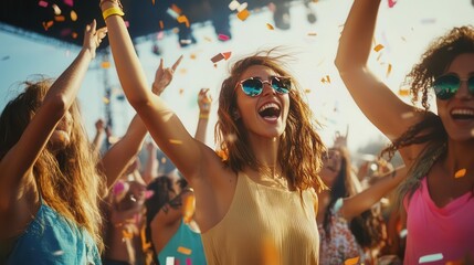 Obraz premium lively music festival scene with a diverse group of friends dancing and celebrating vibrant stage lights colorful outfits and a palpable energy fill the frame