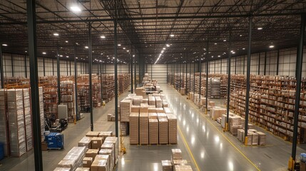 logistical precision expansive warehouse interior showcasing efficient storage solutions and packing operations emphasizes organization inventory management and the backbone of modern commerce