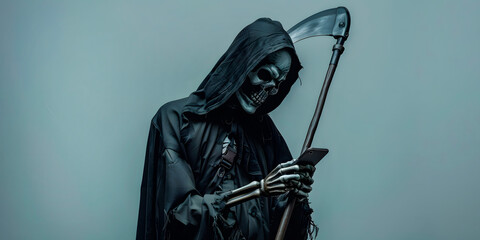 Naklejka premium Muerte o flaca calavera con guadaña y capucha negra mirando su teléfono 