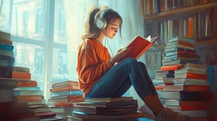 a girl sits on books, illustration, a girl sits on books and listens to music, a student listens to music while sitting on books 