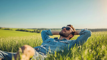 Young man relaxing in a grassy field, enjoying the sunset and open countryside, embracing serenity and nature