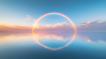 Vivid Rainbow Reflecting Over Calm Lake