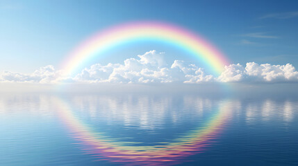 Vivid Rainbow Reflecting Over Calm Lake
