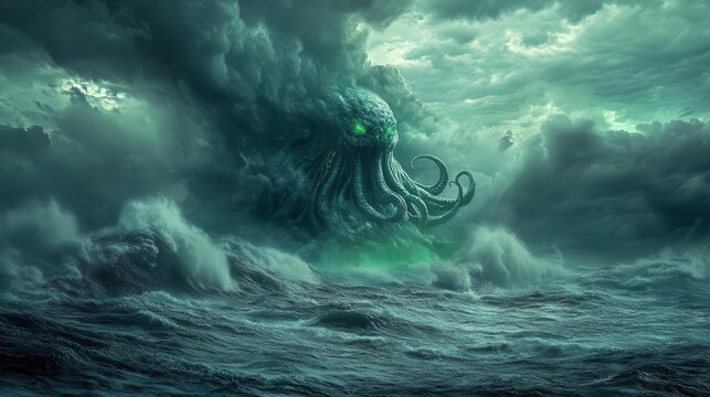 lovecraftian sea monster tentacled cthulhu emerging from stormy ocean eerie green glow ominous cloudy sky