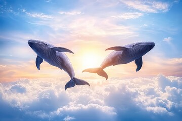 Fototapeta premium Two majestic whales swimming in the clouds under a beautiful sunset, creating a dreamlike atmosphere.