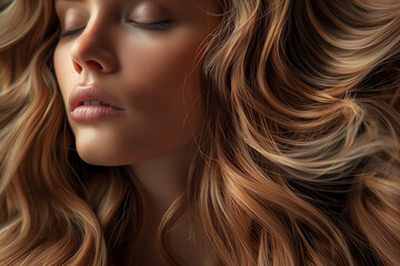 Fototapeta premium The young woman's captivating hair cascades around her face, showcasing soft waves and natural highlights while she appears lost in thought
