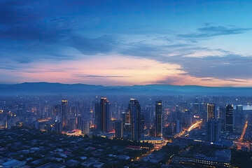 Fototapeta premium Stunning Cityscape at Dusk: Skyscrapers and City Lights