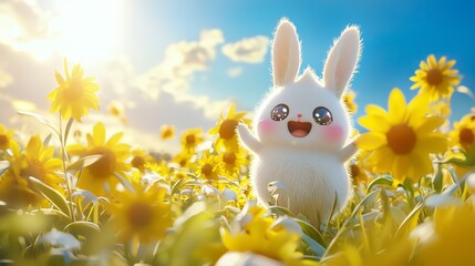 Fototapeta premium Enchanting Kawaii Japanese Mythical Creature Dancing Joyfully in Sunflower Field