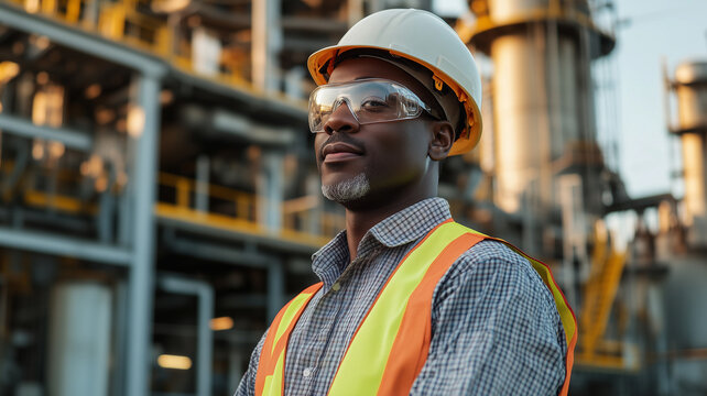 Senior black Engineer wearing glasses helmet and safety vest in front of an industrial power plant or factory. Experienced, highly educated afro american civil or industrial engineer. Middle-aged man, - Powered by Adobe