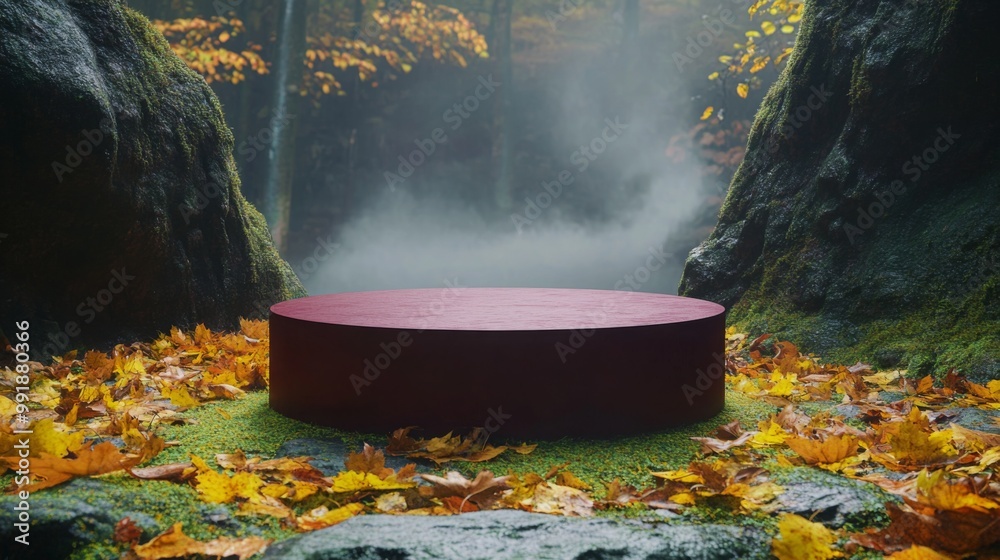 Poster A circular red platform rests amidst a bed of vibrant autumn leaves in a tranquil forest. Soft mist lingers between moss-covered rocks, creating a peaceful atmosphere in the fall setting.