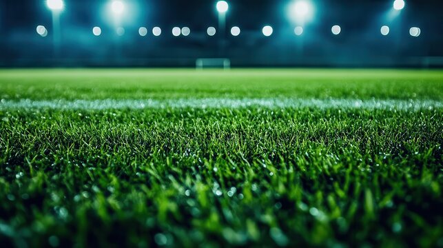 lush green football field under dazzling stadium lights closeup of pristine grass reveals intricate details capturing essence of anticipation before big game