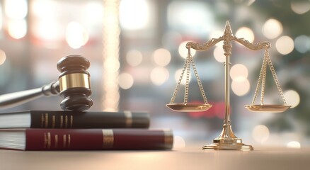Legal gavel and scales of justice on a table with soft bokeh background in an office setting