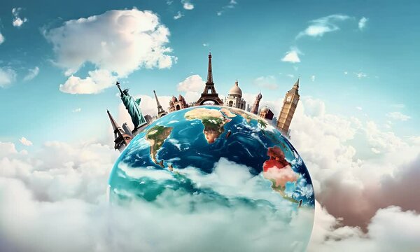 4K animation of a travel journey around the world, showcasing famous landmarks like the Eiffel Tower, Statue of Liberty, and Taj Mahal on a globe. The trip around the world and tourism concepts.