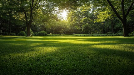 Fototapeta premium lush green lawn with a variety of trees creating a natural frame soft sunlight filtering through leaves creating dappled shadows on the grass