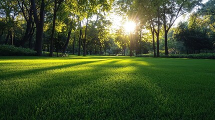 Obraz premium lush green lawn with a variety of trees creating a natural frame soft sunlight filtering through leaves creating dappled shadows on the grass