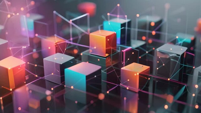A Video featuring a collection of cubes arranged on a table, A 3D model of various interconnected blocks, symbolizing a blockchain database
