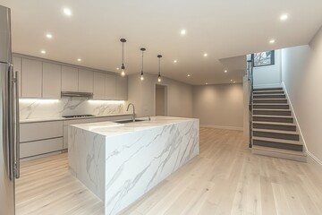 A beautifully renovated basement with a white countertop and a stylish staircase, providing an inviting atmosphere in a spacious layout